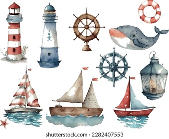 Watercolor hand drawn nauticalmarine illustration with lighthouse, steering wheel, and seafaring elements