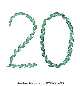 Watercolor hand drawn number 20 of green leaves isolated on a white background. Floral style. Vector illustration