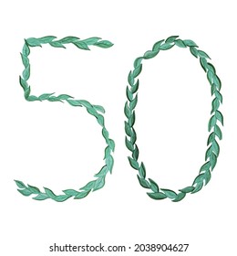 Watercolor hand drawn number 50 of green leaves isolated on a white background. Floral style. Vector illustration