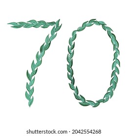 Watercolor hand drawn number 70 of green leaves isolated on a white background. Floral style. Vector illustration