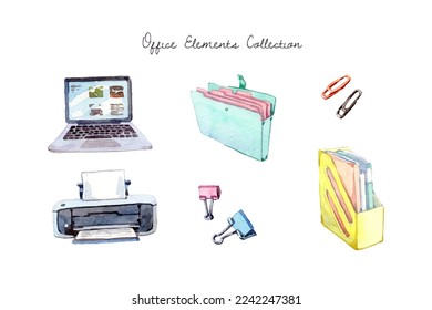 Watercolor hand drawn office elements collection