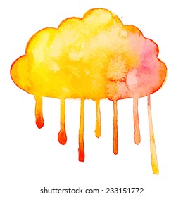 Watercolor hand drawn orange autumn raining clouds isolated on white. Vector illustration