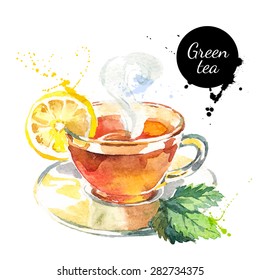 Watercolor Hand Drawn Painted Tea Vector Illustration. Menu Design