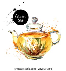 Watercolor hand drawn painted tea vector illustration. Menu design