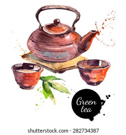 Watercolor hand drawn painted tea vector illustration. Menu design