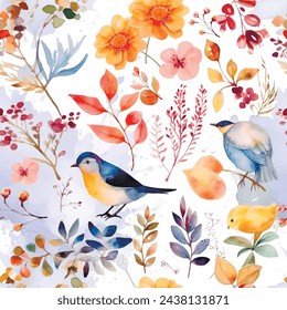 Acuarela dibujada a mano pintando coloridos pájaros patrón sin fisuras. Fondo ornamental vector de primavera verano con ramas, pájaros, flores, hojas. Dibujo acuarela repetir fondo. Hermoso diseño.