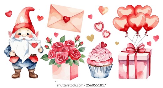 Watercolor hand drawn painting of a cute elements for Valentine's Day design: candy hearts, love letter, cupcake, gift box with balloons and gnome with love letter, roses. Vector illustration isolated