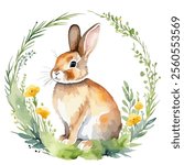 Watercolor hand drawn painting of a frame or card for the holiday Easter with a spring flowers, grass and bunny. Vector illustration for poster, postcard, banner. Cute happy easter print design.