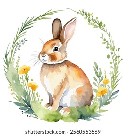 Watercolor hand drawn painting of a frame or card for the holiday Easter with a spring flowers, grass and bunny. Vector illustration for poster, postcard, banner. Cute happy easter print design.