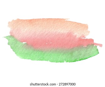 Watercolor hand drawn paper texture striped orange red green isolated stain on white background. Brush strokes painted abstract vector illustration. Artistic design element for banner, template, print