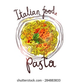 Watercolor Hand Drawn Pasta, Sketch Illustration Of Italian Food