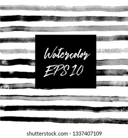 Watercolor hand drawn pattern with black stripes. Watercolor white and black background