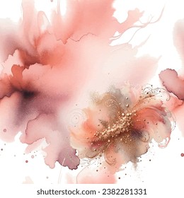 Watercolor hand drawn pink beautiful splash splatter stain brush strokes with flowers and gold glitter seamless pattern. Modern artistic grungy aquarelle spot. Element. Vector watercolor illustration.