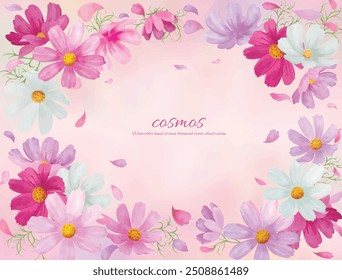 
Watercolor hand drawn pink cosmos flowers background illustration