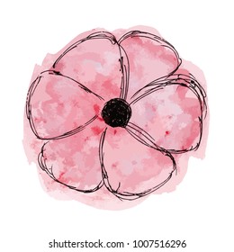 Watercolor hand drawn pink flower. Isolated vector element.