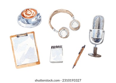 Watercolor hand drawn podcast elements collection