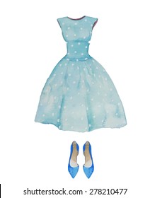 Watercolor hand drawn polka dots dress and blue shoes. Woman clothes set. Isolated fashion objects on white background. Vector illustration