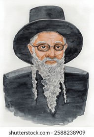 Watercolor hand drawn portrait of a rabbi (rebbe) in glasses, black hat and jacket, old religious jewish man with long 
sidelocks, orthodox judaic aged person. Israel traditional culture and religion.