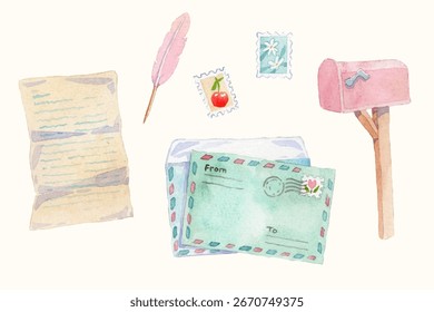 Coleção de elementos de cartão postal desenhados à mão em aquarela
