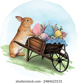 Watercolor hand drawn realistic bunny with wheelbarrow full of ggs and wild flowers