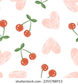 watercolor hand drawn red cherries with pink hearts on a white background, seamless pattern with fruits and berries