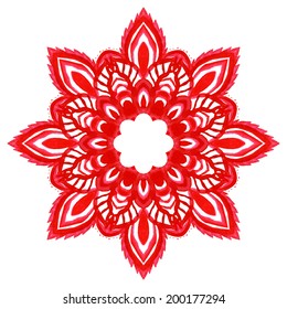 Watercolor hand drawn red mandala. Lace circular ornament. Vector illustration.