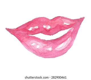 Watercolor hand drawn red pink paper texture isolate lips on white background. Wet brush painted vector fashion illustration. Design element for print, decoration, web, scrapbook, template, banner