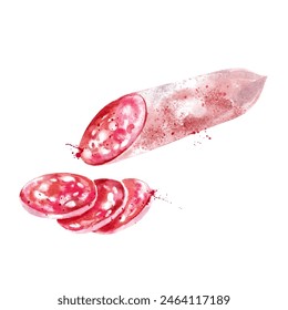 Watercolor hand drawn sausage salami illustration. Vector food image on white background