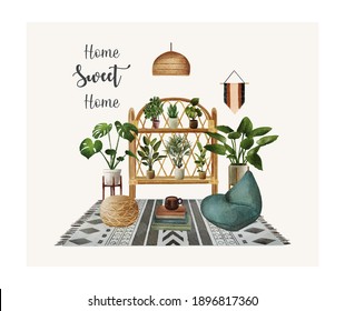 watercolor hand drawn scandinavian cozy home interior decoration with plant and quote