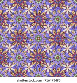 Watercolor, hand drawn. Seamless background pattern. Vector stock. Flowers on blue, violet and beige.