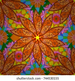 Watercolor, hand drawn. Seamless background pattern. Wild flowers with leaves on orange, brown and pink colors. Vector illustration.