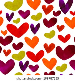 Watercolor hand drawn seamless pattern with colorful cute hearts