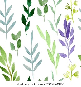 Patrón de acuarela sin fisuras con diferentes elementos florales, flor, follaje, vegetación, rama y planta. Delicado fondo botánico. Ilustración del vector