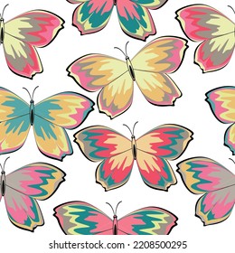 Watercolor hand drawn seamless pattern with illustration of beautiful exotic dragonflies butterflies isolated on white background.  White color background.