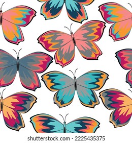 Watercolor hand drawn seamless pattern with illustration of beautiful exotic dragonflies butterflies isolated on white background.  White color background.