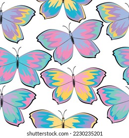 Watercolor hand drawn seamless pattern with illustration of beautiful exotic dragonflies butterflies isolated on white background.  Fashionable tones. Textiles, wallpaper, wrapping paper