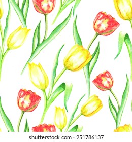Watercolor hand drawn seamless pattern with bright colorful red and yellow tulips on the  white background.