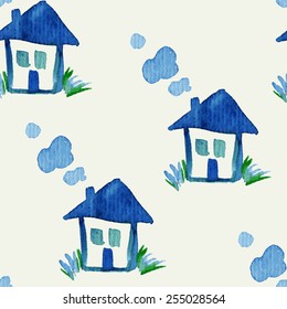 Watercolor hand drawn seamless pattern with houses 