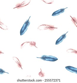 Watercolor hand drawn seamless pattern with different tender bird feathers on the white background