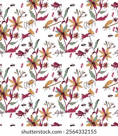 Watercolor hand drawn seamless pattern with tropical summer flowers, butterfly and exotic birds on black background