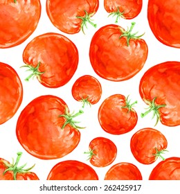 Watercolor hand drawn seamless pattern with red ripe tomatoes. Vector eco food illustration. 