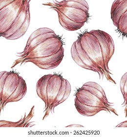Watercolor hand drawn seamless pattern with garlic. Vector eco food illustration. Natural farm design elements.
 