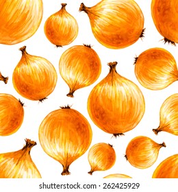 Watercolor hand drawn seamless pattern with bulb onions. Vector eco food illustration. Household design elements.
 