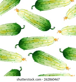 Watercolor hand drawn seamless pattern with green cucumbers. Vector eco food illustration.
