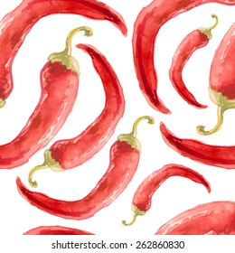 Watercolor hand drawn seamless pattern with red chilli pepper. Vector eco food illustration. 