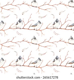 Watercolor hand drawn seamless pattern with little grey birds on the branches. Vintage style.