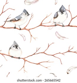Patrón de acuarela dibujado a mano sin fisuras con pequeños pájaros grises en las ramas. Estilo vintage.