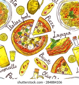 Watercolor Hand Drawn Seamless Pattern Of Italian Food With Pasta, Pizza, Lasagna, Biscotti, Limoncello And Olive Oil