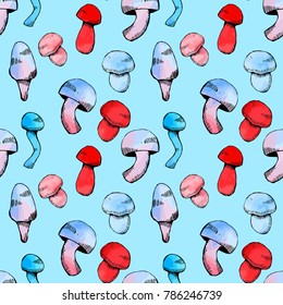 Watercolor hand drawn seamless pattern with champignon mushrooms. Vector eco food illustration.