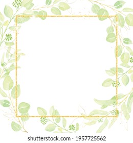 watercolor hand drawn seeded eucalyptus leaf with gold glitter frame square banner background